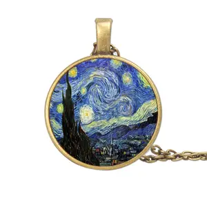 Van Gogh Kalung Langit Malam Berbintang Perhiasan Kubah Kaca Seni Lukisan Monet Klimt Liontin Kalung