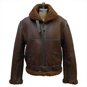 Brown Woolen Sheepskin <b>Shearling</b> <b>Bomber</b> <b>Jacket</b> Genuine Leather Men Winter Windproof Hooded Stand Collar Animal Zipper Outerwear - Product Image 1