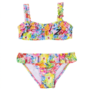 OEM Custom Girls <b>Cross</b> Back Two Piece Bikini Low MOQ Fast Sample Floral Print Ruffle Bikini Set Women's Two Piece Bandeau - Product Image 1