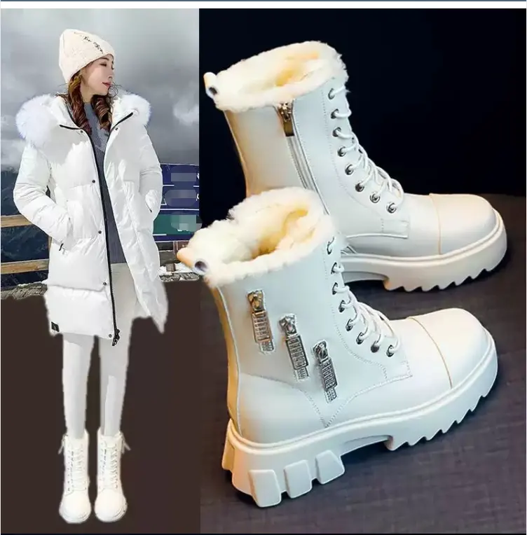 Warm Ladies Cotton Snow Boots Women Genuine Leather Winter Shoes New 2021 Fashion Women Thick Heels Platform Boot PU Knee-high