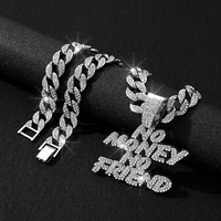 Collier avec pendentif lettres « NO MONEY NO FRIEND », chaîne cubaine de 15 mm, serti de pierres brillantes, style hip-hop, bijoux pour homme