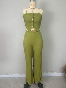 工厂定制风格或标志ODM优雅女性夏季服装纽扣上衣和裤子2件套裤子休闲日用服装 - Product Image 4