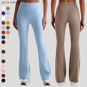 Leggings acampanados de cintura alta <span class=keywords><strong>con</strong></span> logo personalizado, bajo MOQ, sin costura frontal, sin efecto camel toe, transpirables, de secado rápido, ligeros, para entrenamiento. - Product Image 1