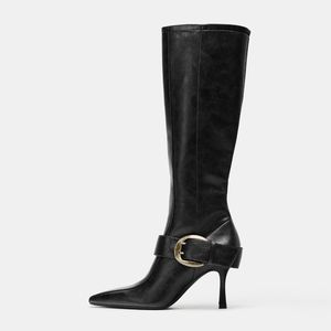 Botas Women's Pointed <b>Toe</b> Knee High Boots Stiletto Heel Buckle Strap Leather Dress Boots - Product Image 2