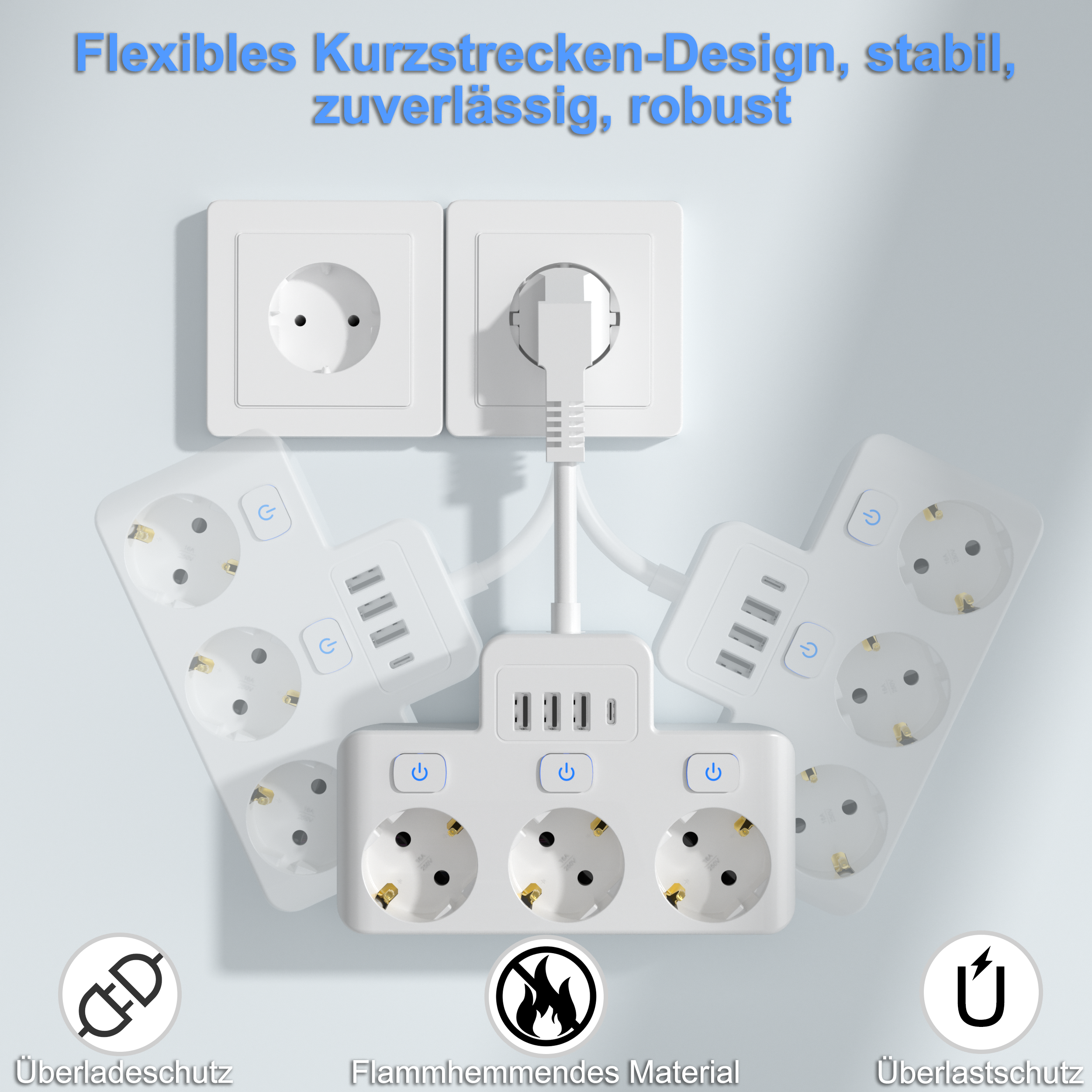 3-Outlet EU Power Strip with Individual Switches – CE & RoHS Certified Extension Socket - View 3