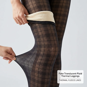LaJourdin Fake Translucent <strong>Thermal</strong> Thick <strong>Leggings</strong> Winter Warm Fleece Lined Plaid Stirrup Yoga Pants Tight Nude Effect Tummy - Product Image 2