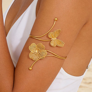 Gold Plated Hollow Butterfly Floral <b>Cuff</b> Bracelet Women's Romantic Statement Armlet Jewelry - Product Image 1