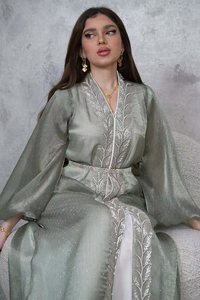Ropa islámica nueva Abaya 2025 cárdigan bordado de flores de satén de lujo conjunto de 2 piezas Abaya modesto abierto Abaya mujeres vestido musulmán - Product Image 5