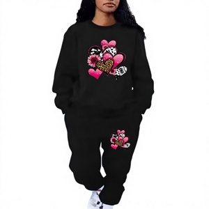 Women's Black <b>Heart</b> Leopard Print <b>Sweatshirt</b> Jogger Set Crew Neck Full Sleeve Knitted Casual Outfit - Product Image 1