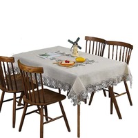 Nappe de table rectangulaire au design simple et élégant pour restaurant, en lin imprimé avec broderie en dentelle et ourlet festonné, idéale pour les magasins de vêtements et les mariages