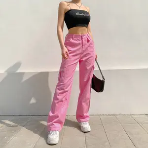 Autumn Casual Pink Multiple Pockets Woman Jeans Cargo Pants Button Ladies Mid Waist Pant Female Straight Trousers With Zipper