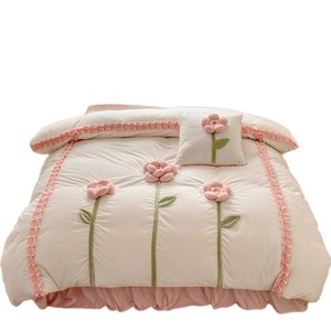 Girly 3D Embroidered Fleece <b>Bedding</b> <b>Set</b> Four-Piece Winter Warm Soft Pink Flower Design Breathable Skin Friendly - Product Image 5