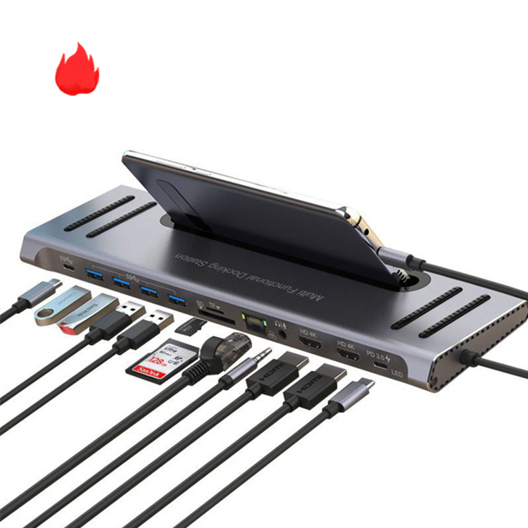Док-станция 12en1 4k hdmi pd 100 Вт, двойной монитор RJ45 Gigabit usbc usb-концентраторы с док-станцией, подставка для планшетов и телефонов
