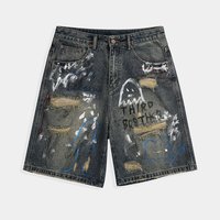 Shorts en jean déchirés amples pour hommes, style streetwear, motif graffiti, en denim délavé, fabrication OEM personnalisée, Jorts d'été