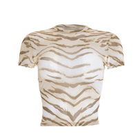 Viviblook C26TP026 Camiseta Corta de Verano para Mujer, Nueva, de Malla Estampada, Ajustada, Estilo Crop Top, Baby Tee