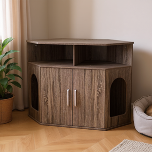 Enclos pour litière d'angle pour chat avec étagères de rangement, portes doubles, 100L, en bambou, accessoire de nettoyage pour animaux de compagnie - Product Image 2