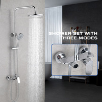 Système de douche mural simple à trois modes (douche douce/jet/massage) avec corps en laiton chromé, ensemble de douche pluie en céramique et barre coulissante