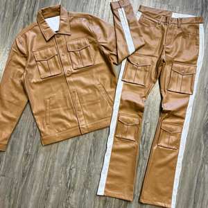 YSJY Manufacturer <strong>Clothing</strong> Manufacturers Custom Tracksuits Street <strong>Clothing</strong> Fashion Men's Stacked Blank Leather Set - Product Image 1