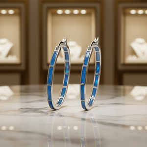 Pendientes de Aro Plateados con Incrustaciones de Ópalo Azul, Diseño Geométrico Clásico, Joyería para Uso Diario de Mujer - Product Image 2