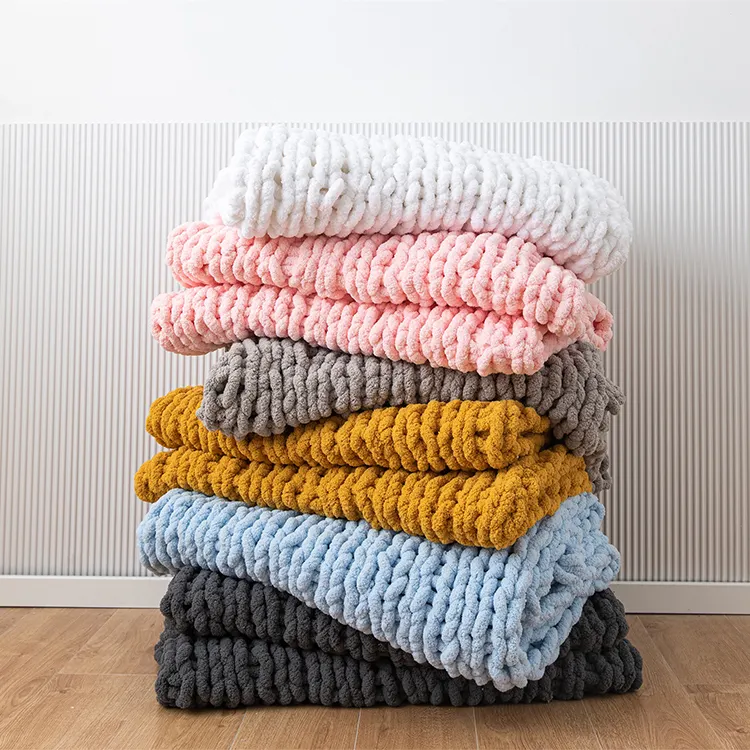 Decor Hand Polyester Thick Chunky Chenille Warm Soft Hand Knit Throw Blankets for Winter