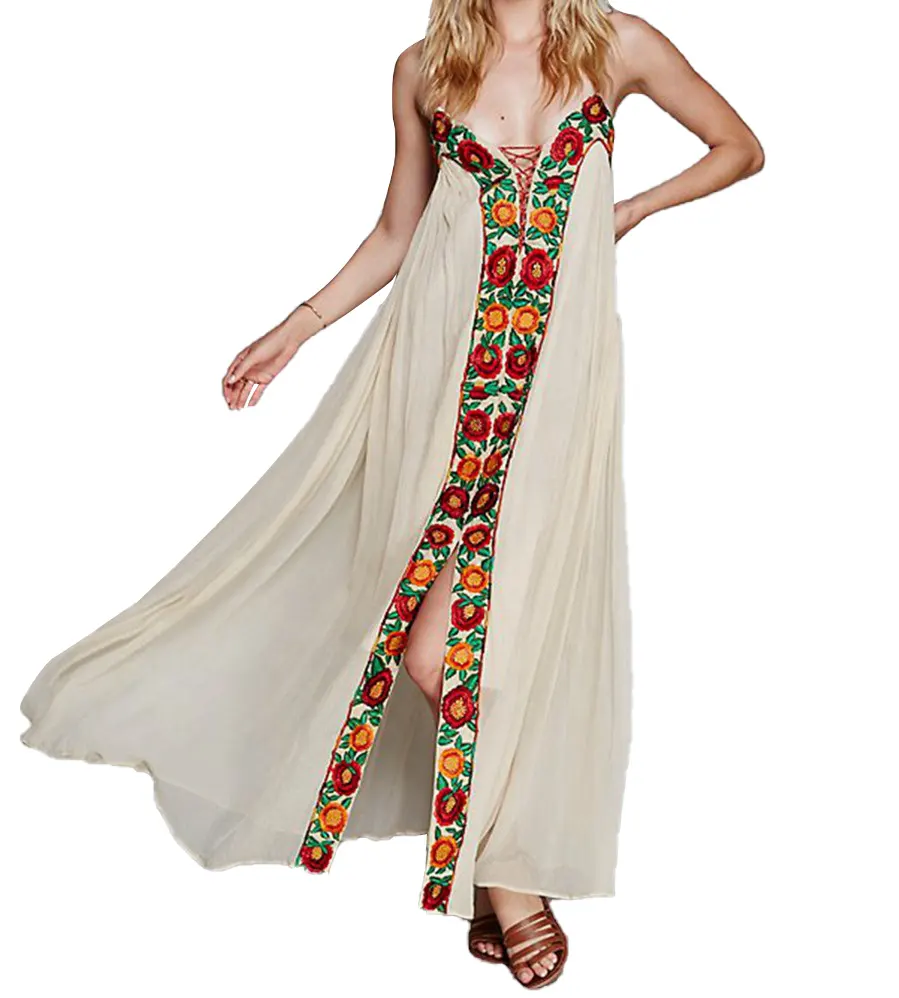 Vestidos largos bohemios para mujer, vestido bordado, falda de encaje, Hippie, ropa de playa y vacaciones, vestido de fiesta
