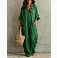 Robe décontractée longue et ample à manches courtes et col en V de couleur unie pour femmes européennes et américaines