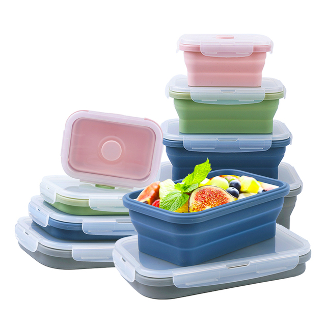 Set of 4 Foldable Reusable Food Grade Silicone Food Bento Lunch Box Airtight Collapsible Food Storage Containers for Fruit