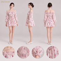 Robe courte rose naturelle tissée pour femme, manches longues bouffantes, taille smockée, robe de bal, personnalisable OEM, marque privée