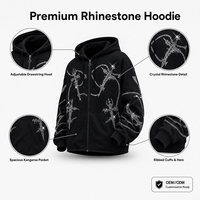 Sweat à capuche en coton épais avec fermeture éclair et design personnalisé en strass Cenloong, noir, pour hommes, streetwear de haute qualité