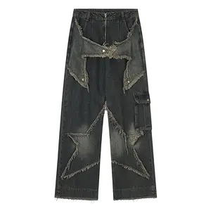 MJ209 calças jeans personalizadas para homens, calças jeans pretas com estrela e hip hop para homens