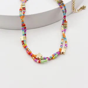 Kalung manik-manik biji kaca Boho perhiasan bunga emas 2024 mode baru kalung Choker manik-manik cakram untuk wanita