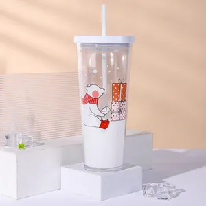 Wholesale Custom Transparent 700ml Christmas Gift Double Wall Plastic Tumbler Cup With Lid And Straw