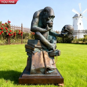 Youfine trang trí ngoài trời thông minh Darwin <span class=keywords><strong>APE</strong></span> Đồng GORILLA cầm cranium ngồi trên sách trong chiêm niệm - Product Image 4
