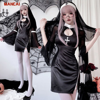 Costume de nonne sexy pour femme, tenue de cosplay gothique de nonne vampire, robe évidée avec écharpe, vêtements de fête d'Halloween pour filles