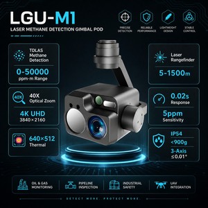 กล้องตรวจจับก๊าซมีเทนแบบเลเซอร์ 4K ซูม 40 เท่า พร้อมแท่นยึด Gimbal Pod TDLAS 0-50000ppm.m เครื่องตรวจจับการรั่วไหลของก๊าซในอากาศ พร้อมกล้องถ่ายภาพความร้อน 640x512 และเครื่องวัดระยะทางด้วยเลเซอร์ 1500 ม. - Product Image 1