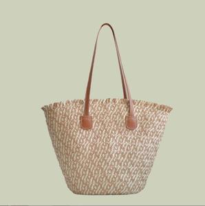 Sac fourre-tout en paille tressée à motif lettres, poignées en cuir, grande capacité, ouverture supérieure, décontracté, à porter à l'épaule, pour femme, usage quotidien, doublure en polyester - Product Image 4