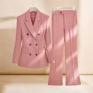 Pink Striped Suit Set Women Double Breasted Blazer Pants Formal Work Wear Autumn British Style Anti-Wrinkle Polyester Fabric - Product Image 1