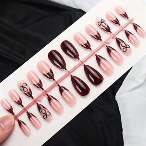 <span class=keywords><strong>Faux</strong></span> <span class=keywords><strong>ongles</strong></span> <span class=keywords><strong>chic</strong></span> bordeaux pailletés en ABS à presser, <span class=keywords><strong>faux</strong></span> <span class=keywords><strong>ongles</strong></span> amande à bout français avec nœud, réutilisables, 24 pièces - Product Image 3