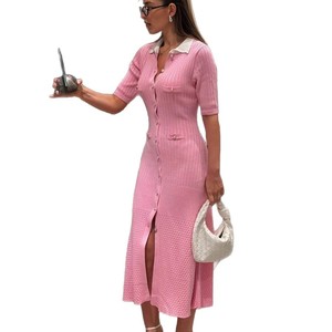 Robe longue d'été sexy pour femme, col en V, taille haute, col Claudine, boutonnée, en maille, fendue - Product Image 5