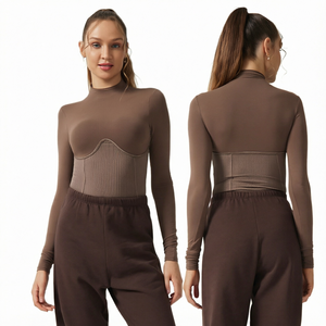 Sexy Women Regular Fit Tops Wholesale Mock Neck Long Sleeve Sports <b>Corset</b> Tops Spandex/Cotton Quick Dry - Product Image 1