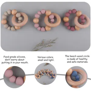 Rosa animale organico legno naturale legno di faggio perline massaggiagengive faggio gioca giocattoli sonaglio mezzo anello braccialetto per i bambini