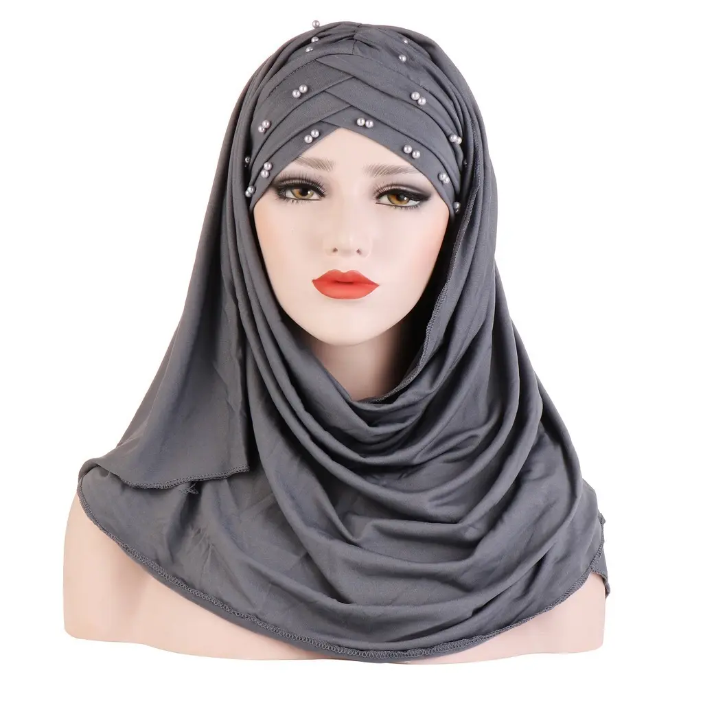 Amazon hot sale women scarf hijabs Milk silk beaded scarf hat two-piece set fashionable elastic Muslim adult headscarf hijabs