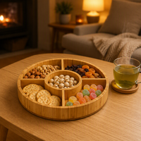 Plateau de service rond en bambou à 5 compartiments pour fruits secs, bonbons, noix, chips et sauces – Vente en gros