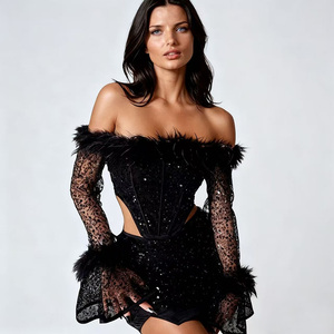 New Women's Boat Neck Regular Plush Long Sleeved <strong>Top</strong> Sequins <strong>Feathers</strong> Wrapped Buttocks Eco-Friendly Bodycon Short Skirt Club Set - Product Image 1