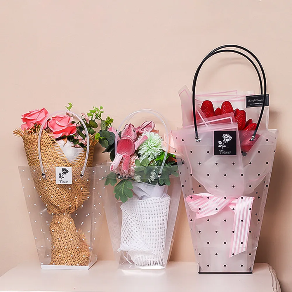 Fabrika toptan temizle kolları ile hediye çiçekçi ambalaj parti düğün plastik şeffaf çiçek saksısı çantası
