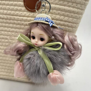 Encantador Llavero para Coche con Muñeca de Ojos Grandes de Peluche y Lazo de Tulipán, con Pompón de Piel de Zorro Auténtica, Adorno para Bolso, Regalo para Niñas, Mini Adorno de Moda - Product Image 6