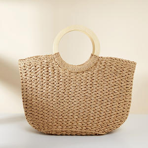 Bolso de mano de paja tejido a mano para mujer, bolso de playa de verano, bolso de hombro bohemio con asa redonda de madera, bolso de vacaciones de gran capacidad - Product Image 3