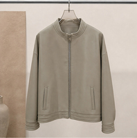 Blouson en cuir d'agneau à col montant et fermeture éclair pour femme, manteau en cuir véritable avec détails de coutures côtelées