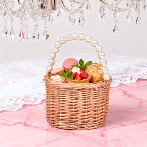 <b>Willow</b> Woven Flower <b>Basket</b> With Pearl Handle Pink Ribbon Wedding Gift <b>Basket</b> For Flower Girl Storage - Product Image 2