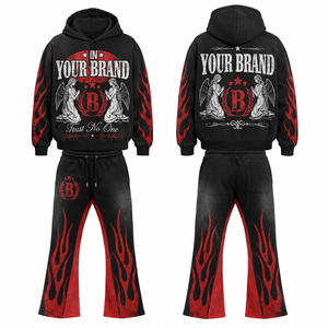 Custom Wholesale Heavyweight Cotton Fleece Y2K Streetwear Flame Graphic Print Flare <b>Leg</b> Mens Tracksuit Set - Product Image 3